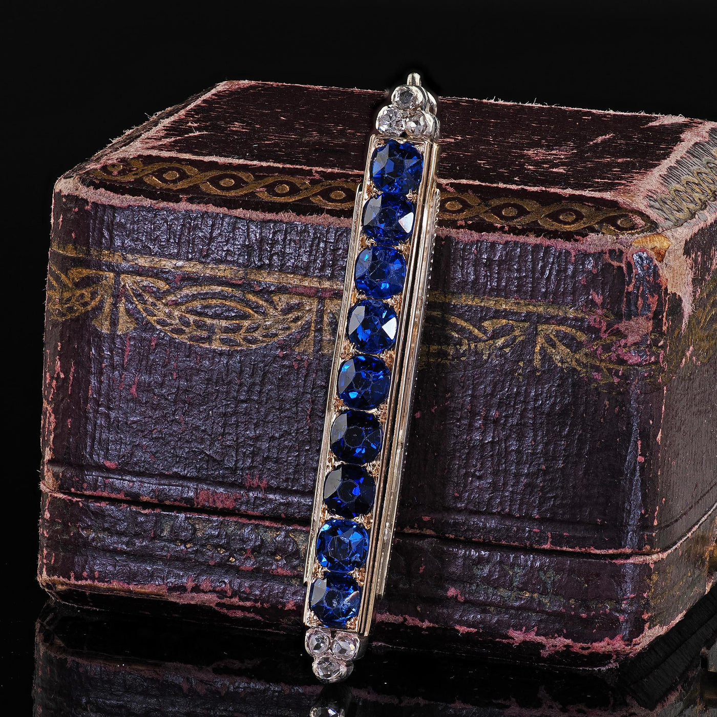 Antique Victorian 18K Yellow Gold and Silver Sapphire and Diamond Bar Pendant