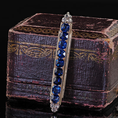 Antique Victorian 18K Yellow Gold and Silver Sapphire and Diamond Bar Pendant