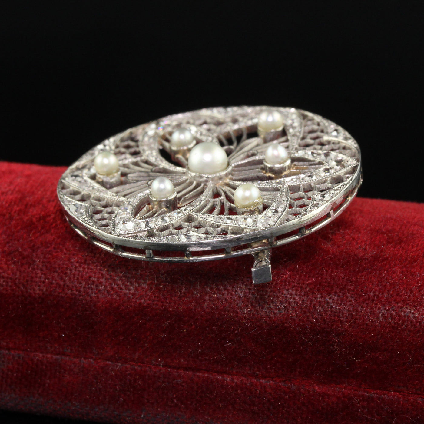 Antique Edwardian Platinum Diamond and Pearl Filigree Pin