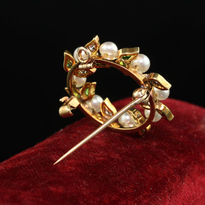 Antique Art Nouveau 18K Yellow Gold Demantoid Garnet Diamond and Pearl Pin Pendant