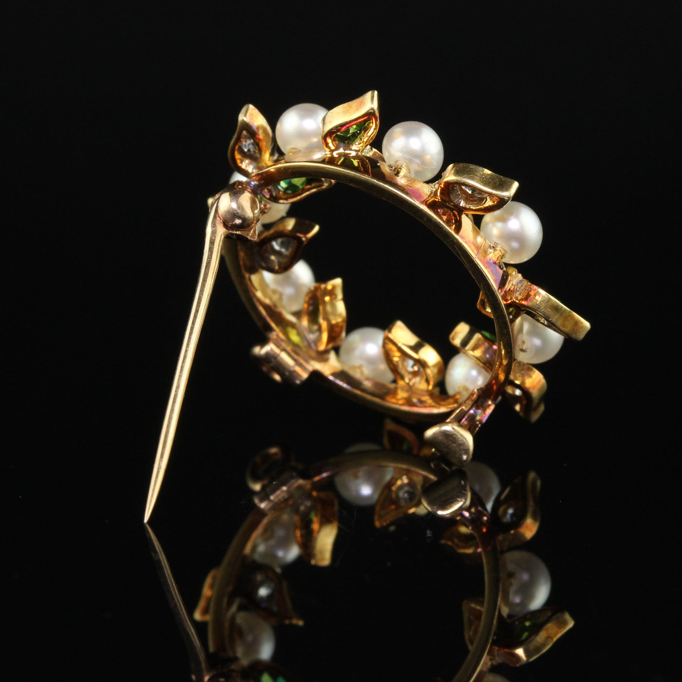 Antique Art Nouveau 18K Yellow Gold Demantoid Garnet Diamond and Pearl Pin Pendant