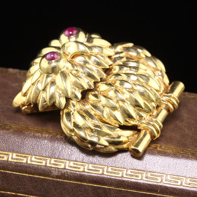 Vintage Tiffany and Co 18K Yellow Gold Ruby Owl Brooch Pin