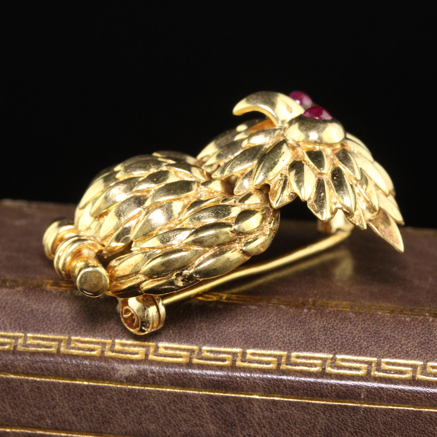 Vintage Tiffany and Co 18K Yellow Gold Ruby Owl Brooch Pin