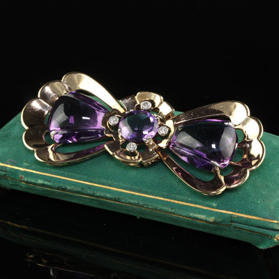 Vintage Retro Tiffany and Co Carved Amethyst and Diamond Bow Pin Brooch