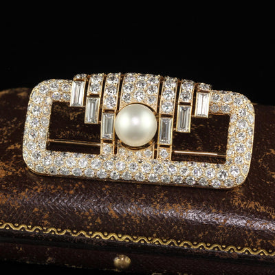 Vintage Retro Cartier 18K Yellow Gold Diamond Natural Pearl Brooch Pin - GIA