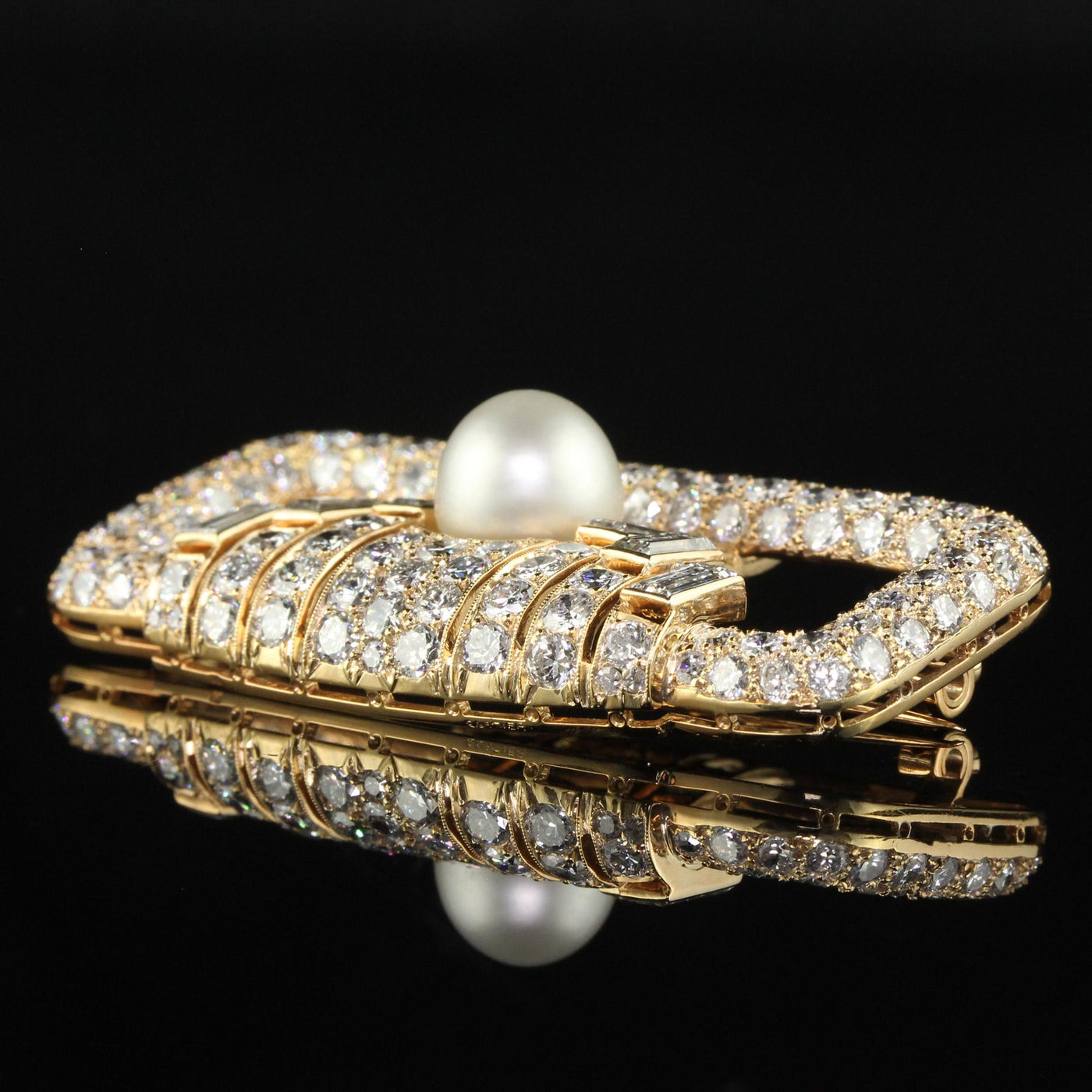 Vintage Retro Cartier 18K Yellow Gold Diamond Natural Pearl Brooch Pin - GIA