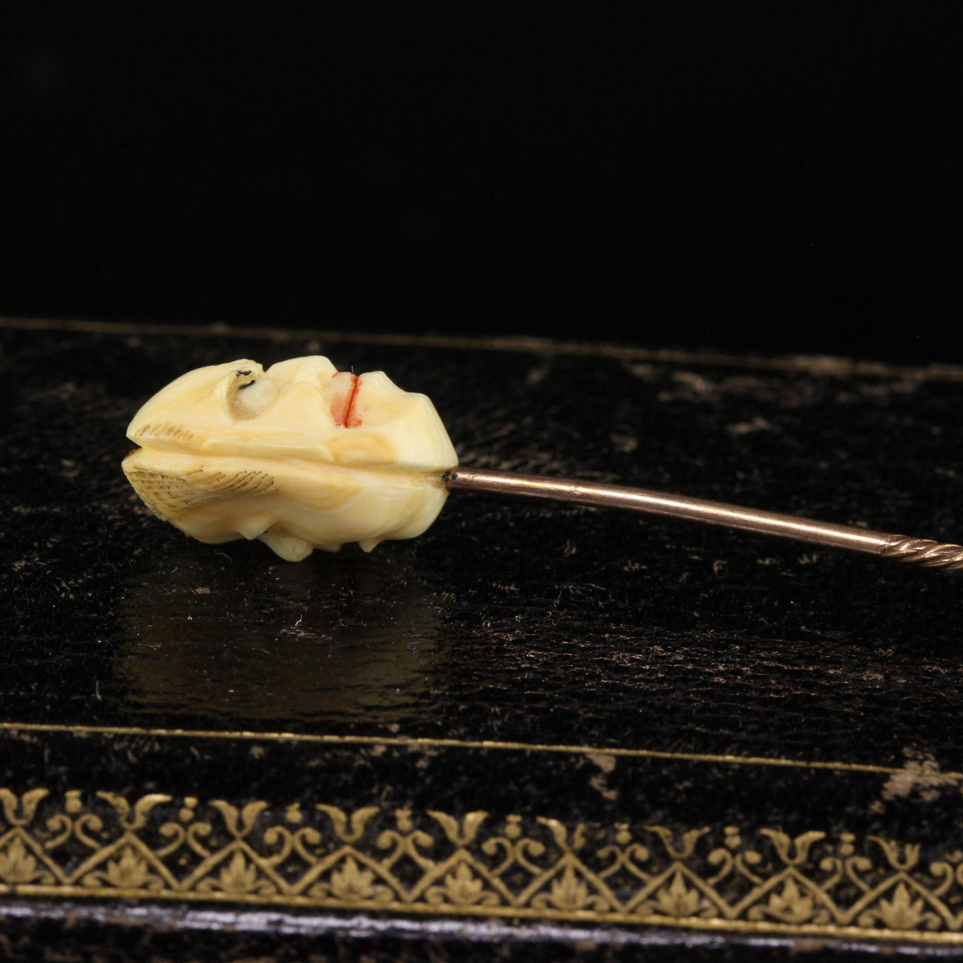 Antique Victorian 14K Yellow Gold Japanese Carved Bone Hyottoko Stickpin