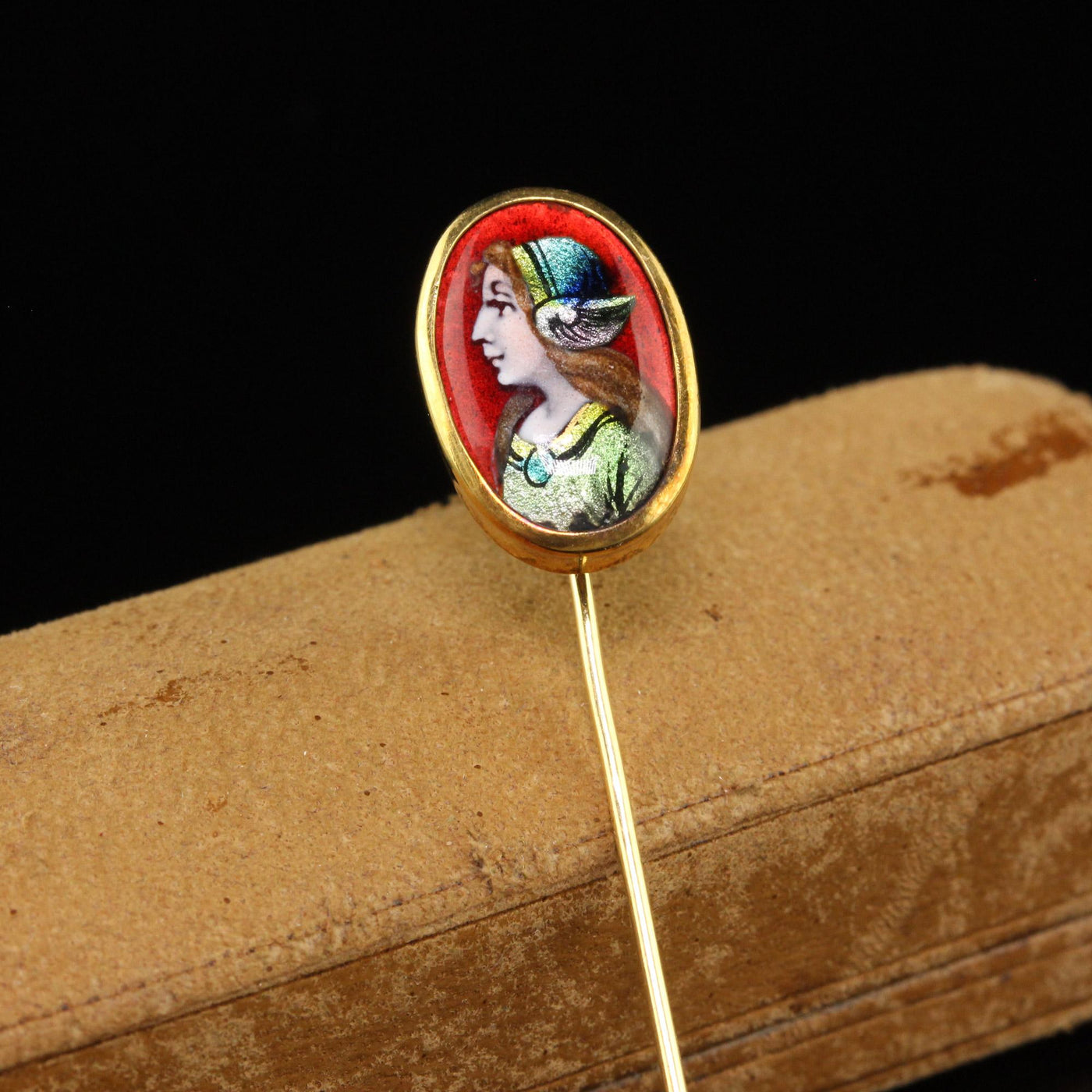 Antique Victorian 18K Yellow French Enameled Woman Stick Pin