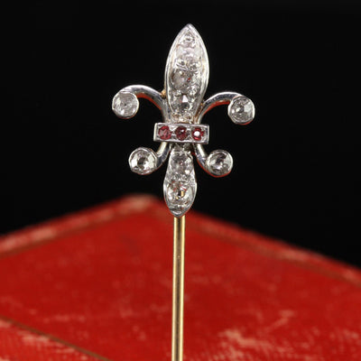 Antique Art Deco 18K Gold and Platinum Fleur De Lis Diamond Stick Pin