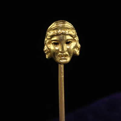 Antique 18K Yellow Gold French Melpomene and Thalia Mask Stick Pin