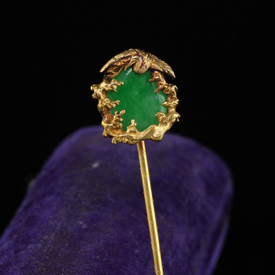 Vintage Mid Century 18K Yellow Gold Natural Jade Crane Stick Pin