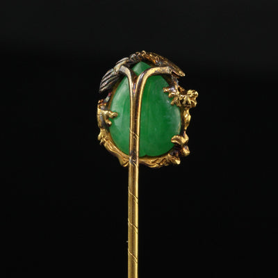 Vintage Mid Century 18K Yellow Gold Natural Jade Crane Stick Pin