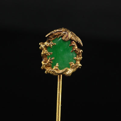 Vintage Mid Century 18K Yellow Gold Natural Jade Crane Stick Pin