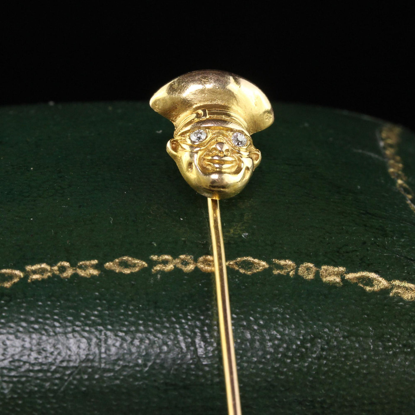 Antique Art Deco 14K Yellow Gold Diamond Eyed Face Stick Pin