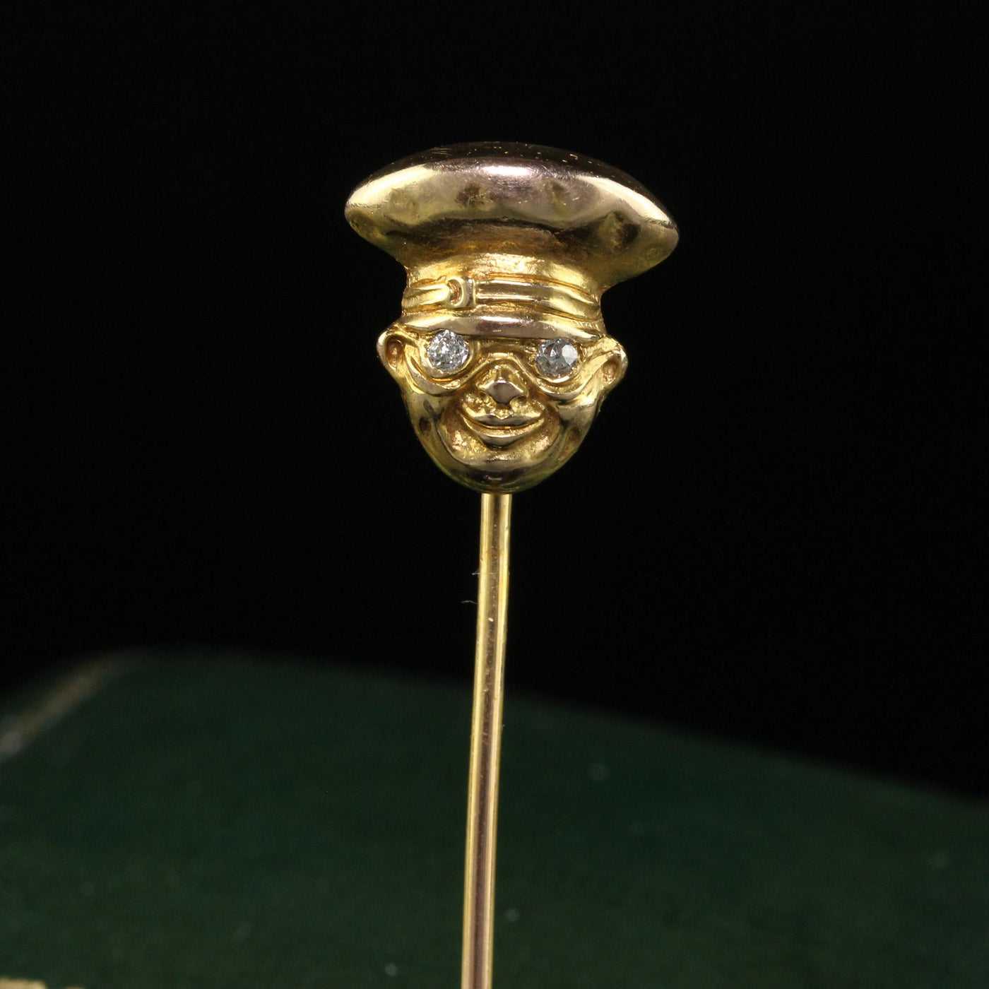 Antique Art Deco 14K Yellow Gold Diamond Eyed Face Stick Pin