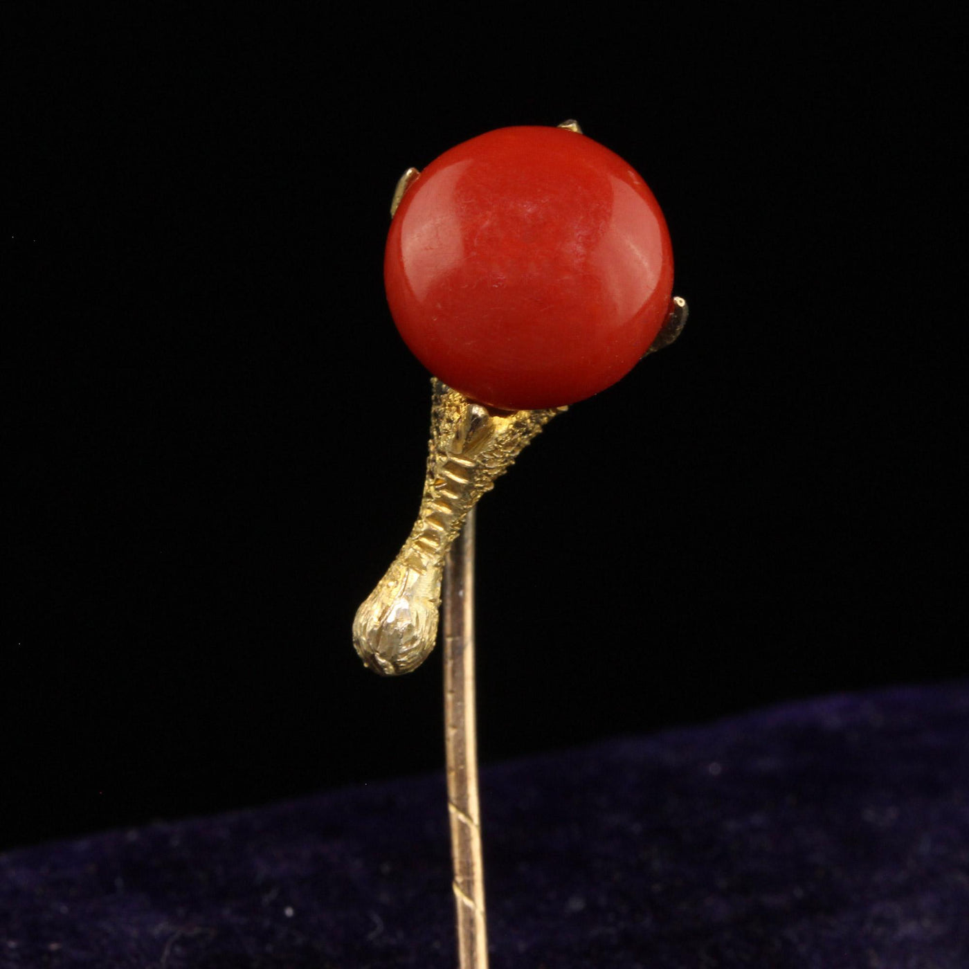 Antique Victorian 14K Yellow Gold Natural Coral Claw Stick Pin