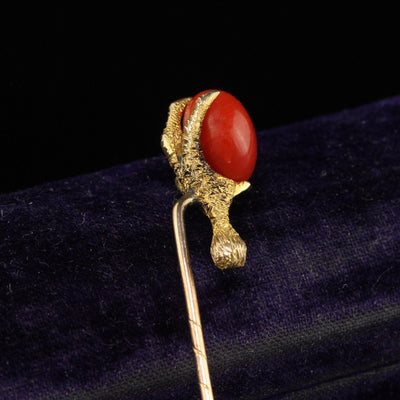 Antique Victorian 14K Yellow Gold Natural Coral Claw Stick Pin