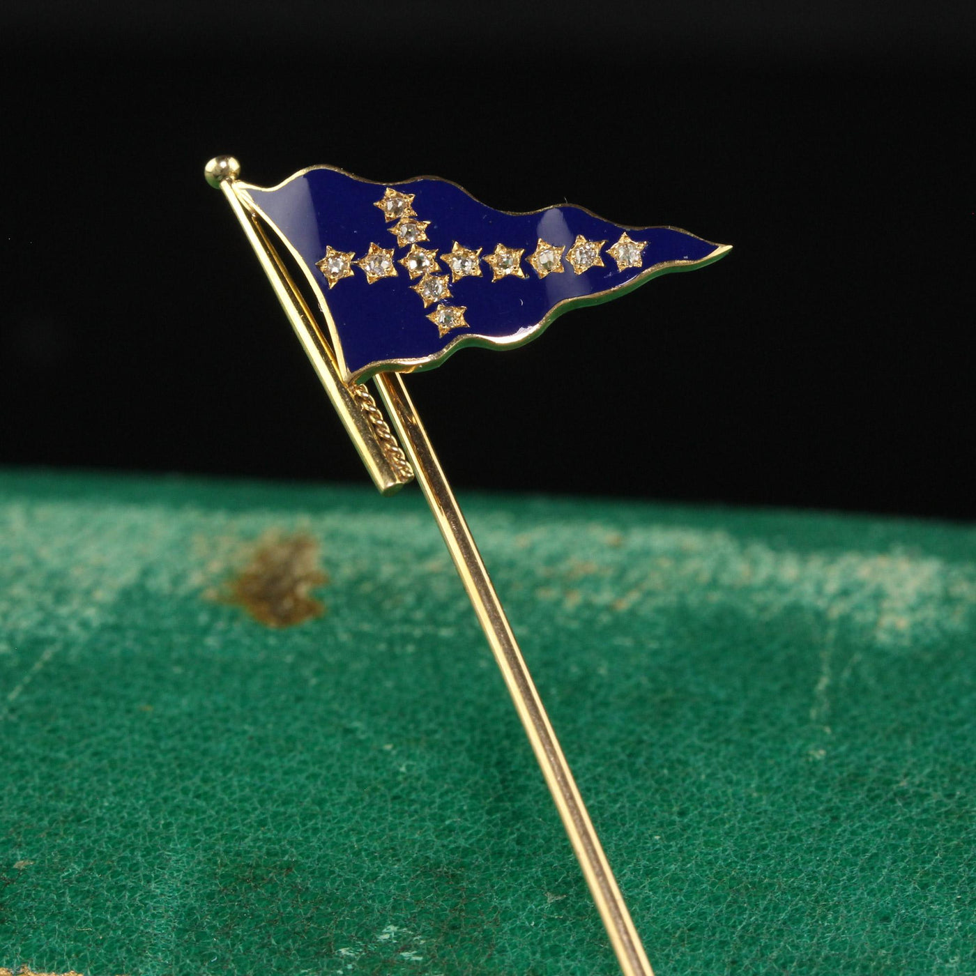 Antique Art Deco J.E Caldwell Blue Enamel Flag Stick Pin