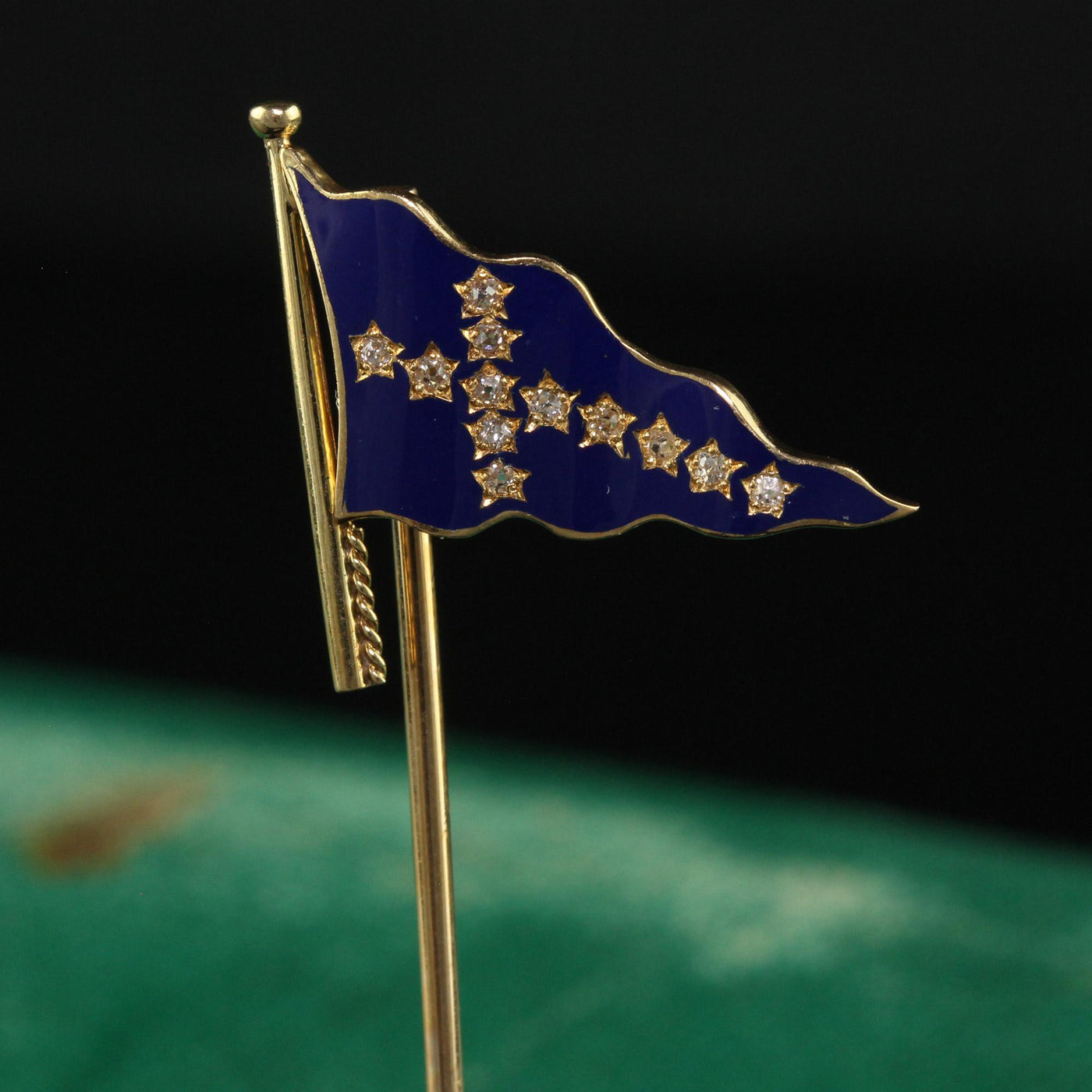 Antique Art Deco J.E Caldwell Blue Enamel Flag Stick Pin