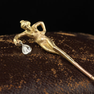 Antique Art Deco French 18K Yellow Gold Old Pear Diamond Lorette Woman Stick Pin