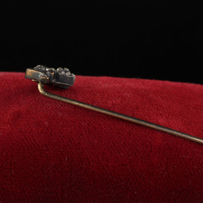 Antique Georgian 10K Yellow Gold Silver Top Diamond Floral Stick Pin