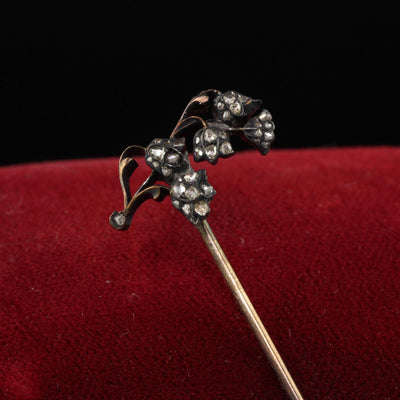 Antique Georgian 10K Yellow Gold Silver Top Diamond Floral Stick Pin