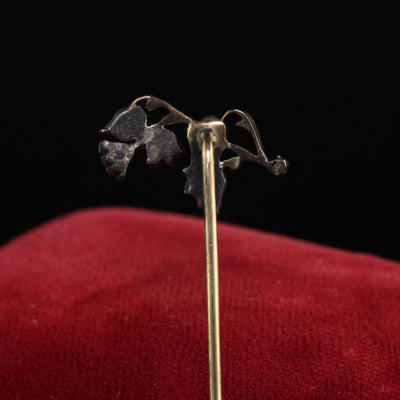 Antique Georgian 10K Yellow Gold Silver Top Diamond Floral Stick Pin