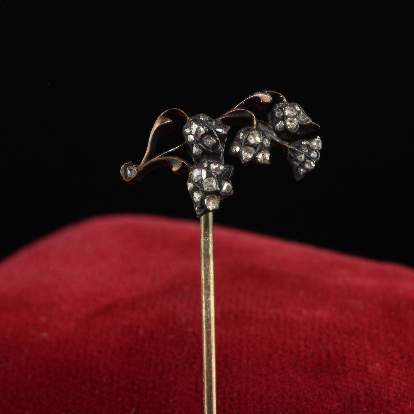 Antique Georgian 10K Yellow Gold Silver Top Diamond Floral Stick Pin