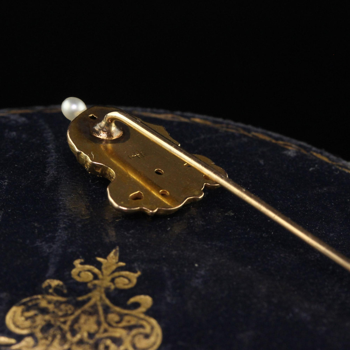 Antique Art Nouveau 18K Yellow Gold Diamond Demantoid Pearl Lady Stick Pin