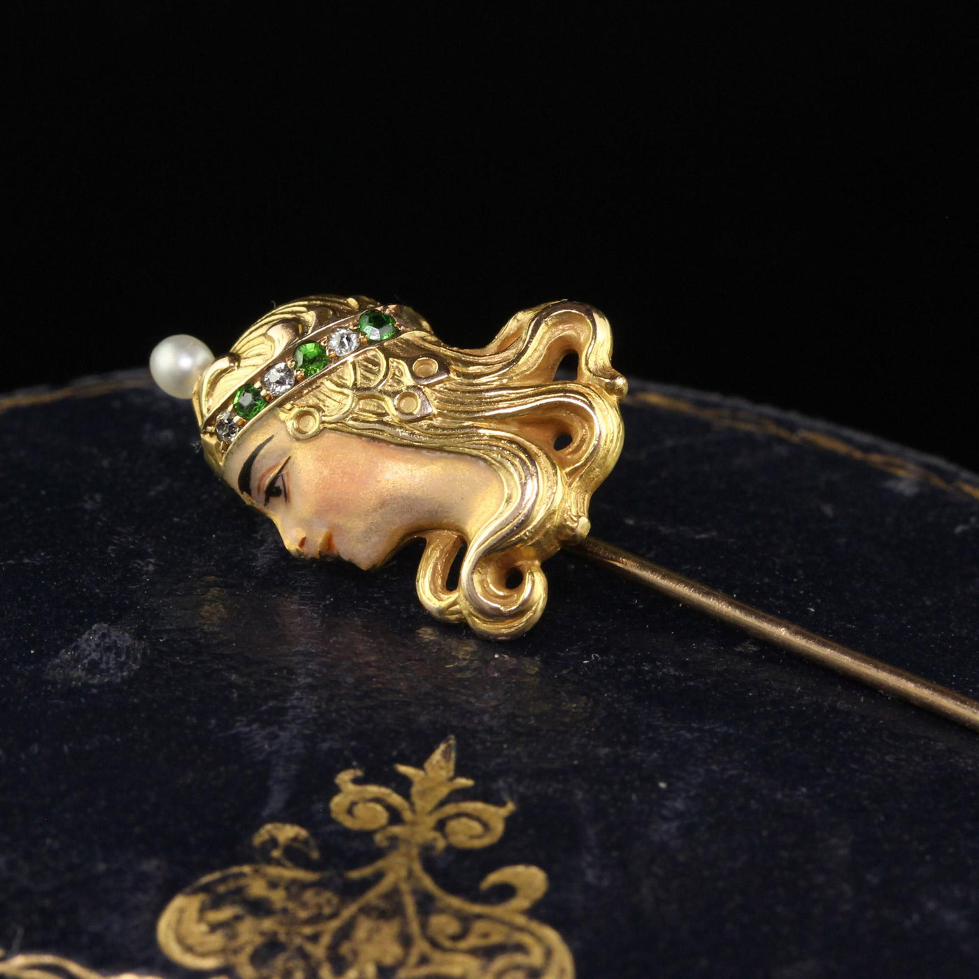 Antique Art Nouveau 18K Yellow Gold Diamond Demantoid Pearl Lady Stick Pin