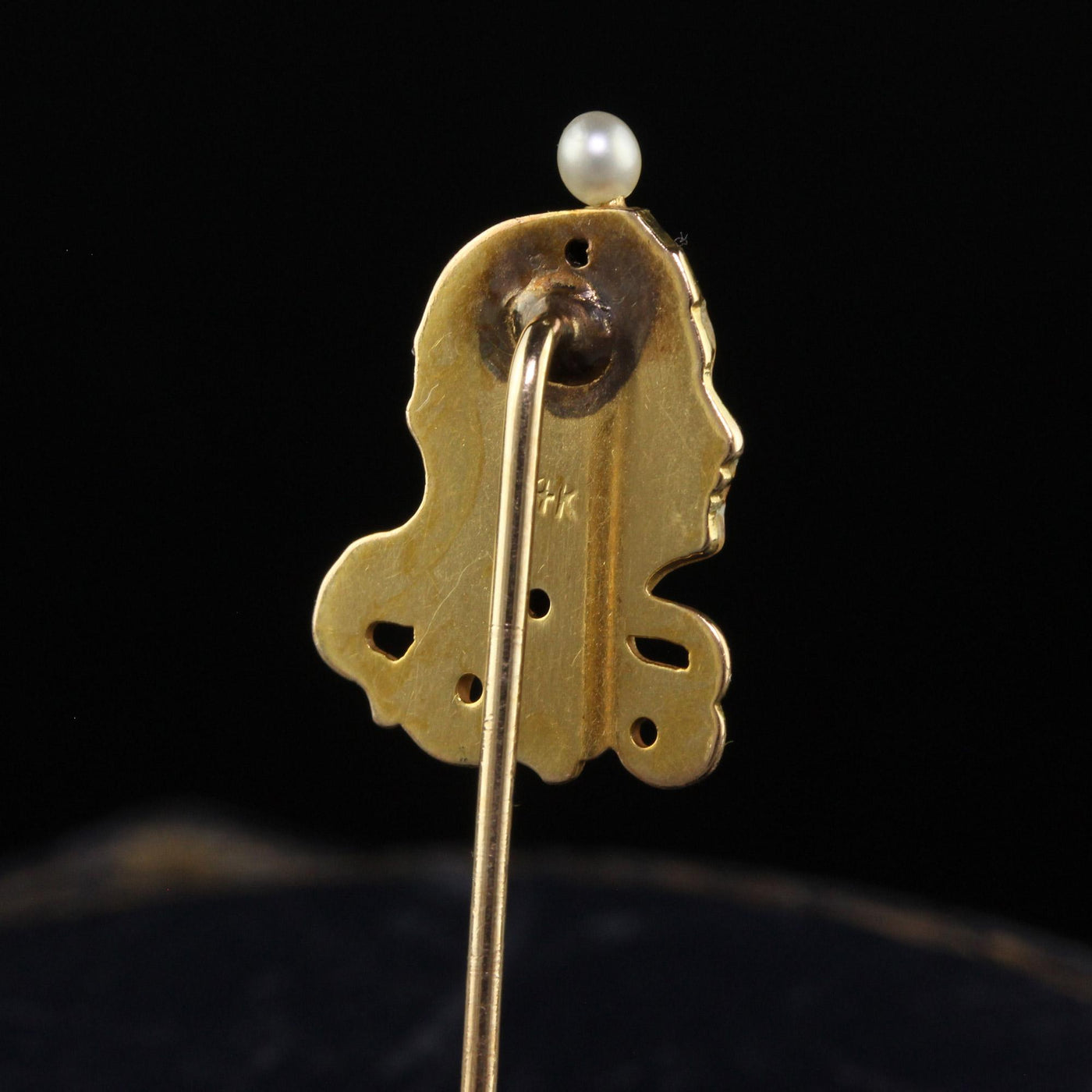 Antique Art Nouveau 18K Yellow Gold Diamond Demantoid Pearl Lady Stick Pin