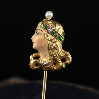 Antique Art Nouveau 18K Yellow Gold Diamond Demantoid Pearl Lady Stick Pin
