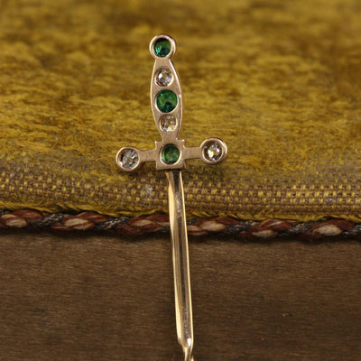 Antique Victorian 18K Yellow Gold Old Cut Emerald and Diamond Sword Stick Pin