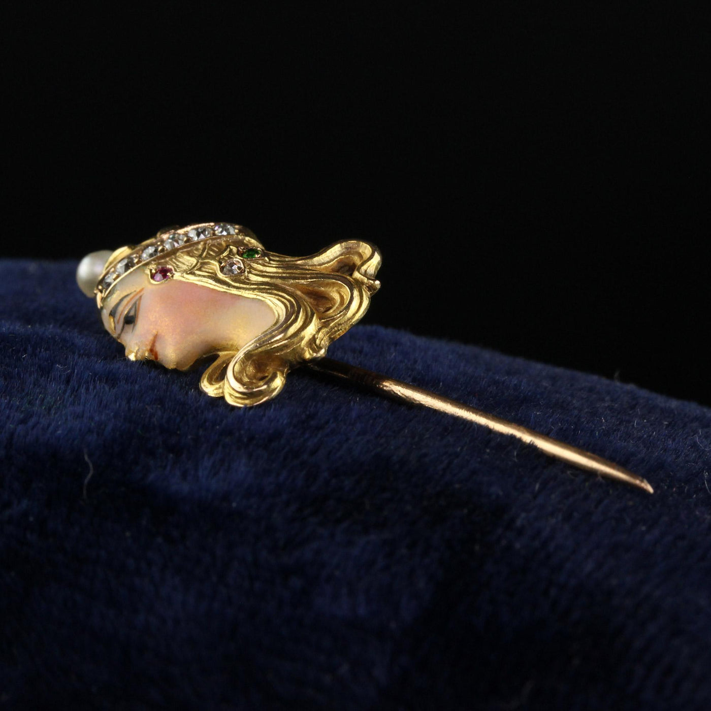 Antique Art Nouveau 14K Yellow Gold Enamel Diamond Lady Stick Pin