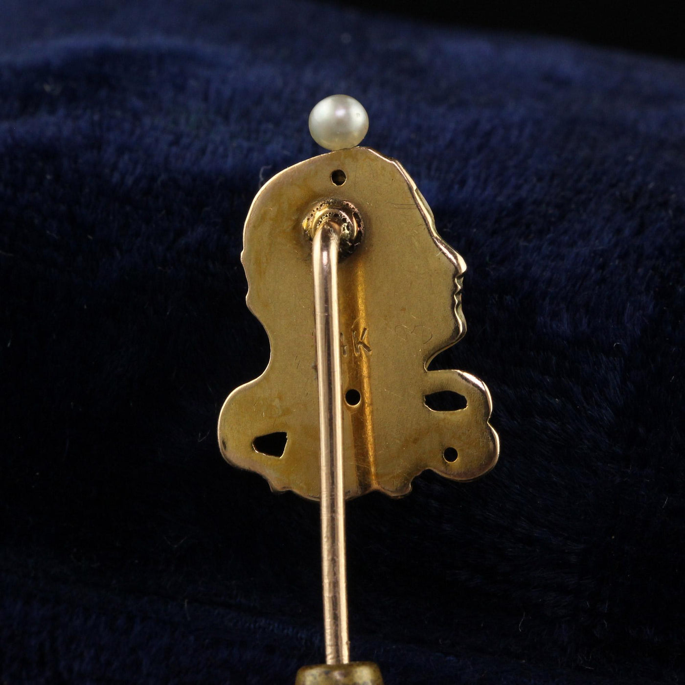 Antique Art Nouveau 14K Yellow Gold Enamel Diamond Lady Stick Pin