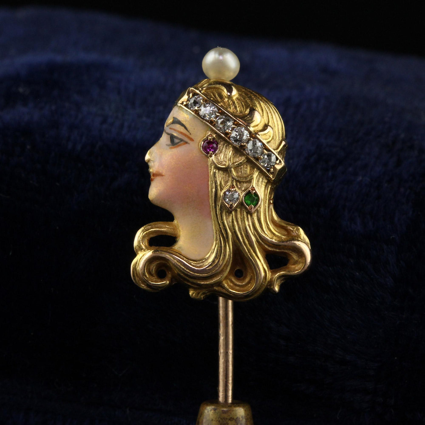 Antique Art Nouveau 14K Yellow Gold Enamel Diamond Lady Stick Pin