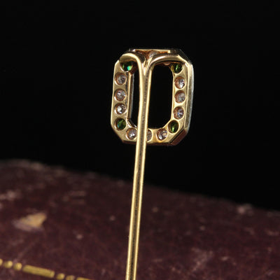 Antique Art Deco 18K Yellow Gold Old Cut Diamond and Demantoid Stick Pin