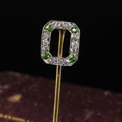 Antique Art Deco 18K Yellow Gold Old Cut Diamond and Demantoid Stick Pin