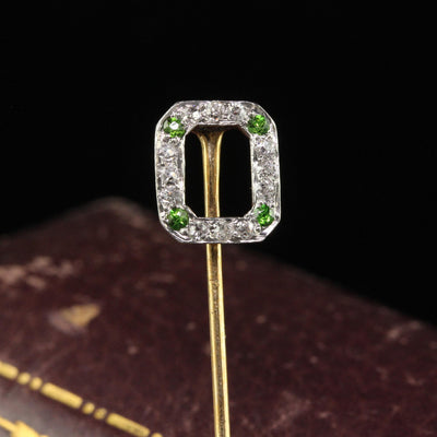 Antique Art Deco 18K Yellow Gold Old Cut Diamond and Demantoid Stick Pin