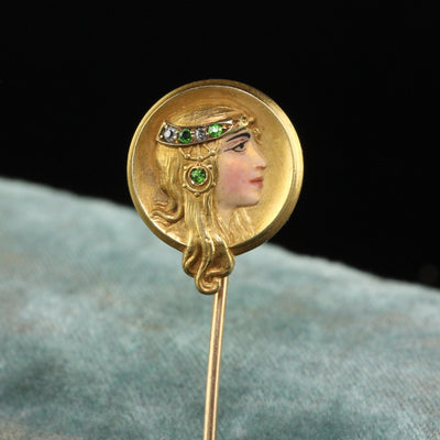 Antique Art Nouveau 14K Yellow Gold Diamond Demantoid Enamel Lady Stick Pin