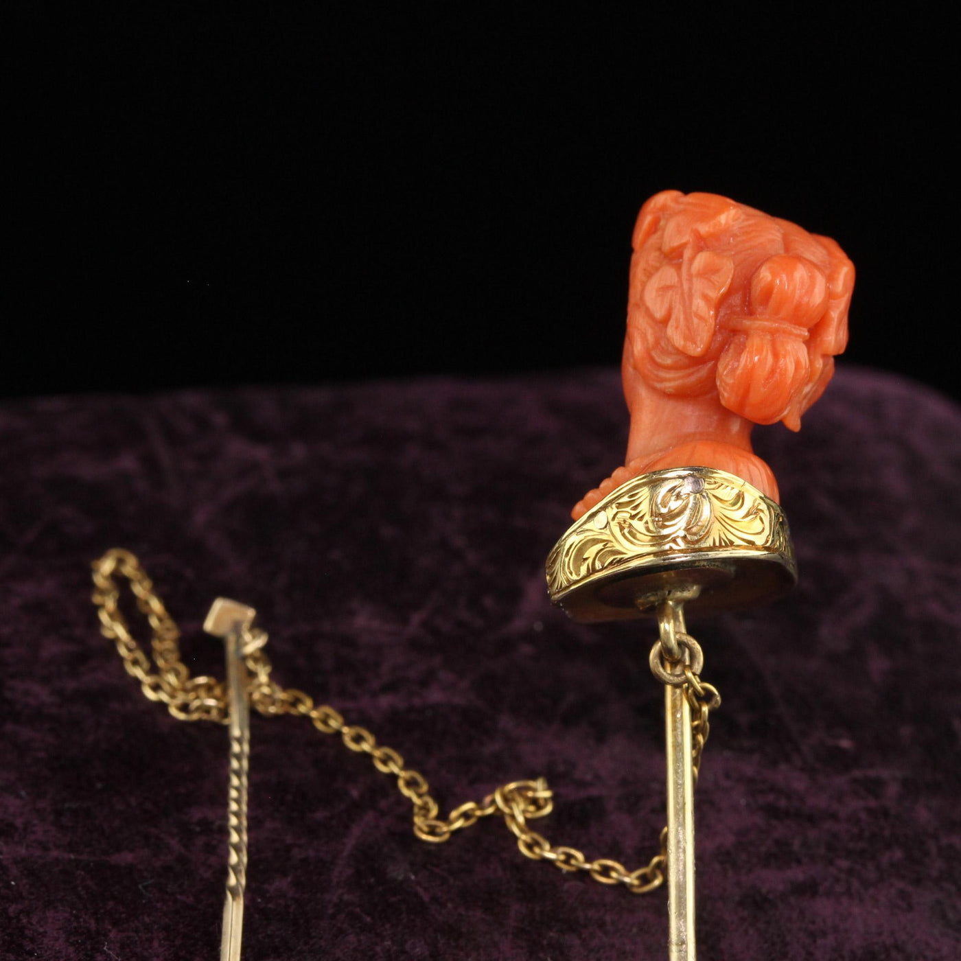 Antique Victorian 14K Yellow Gold Carved Coral Lady Stick Pin
