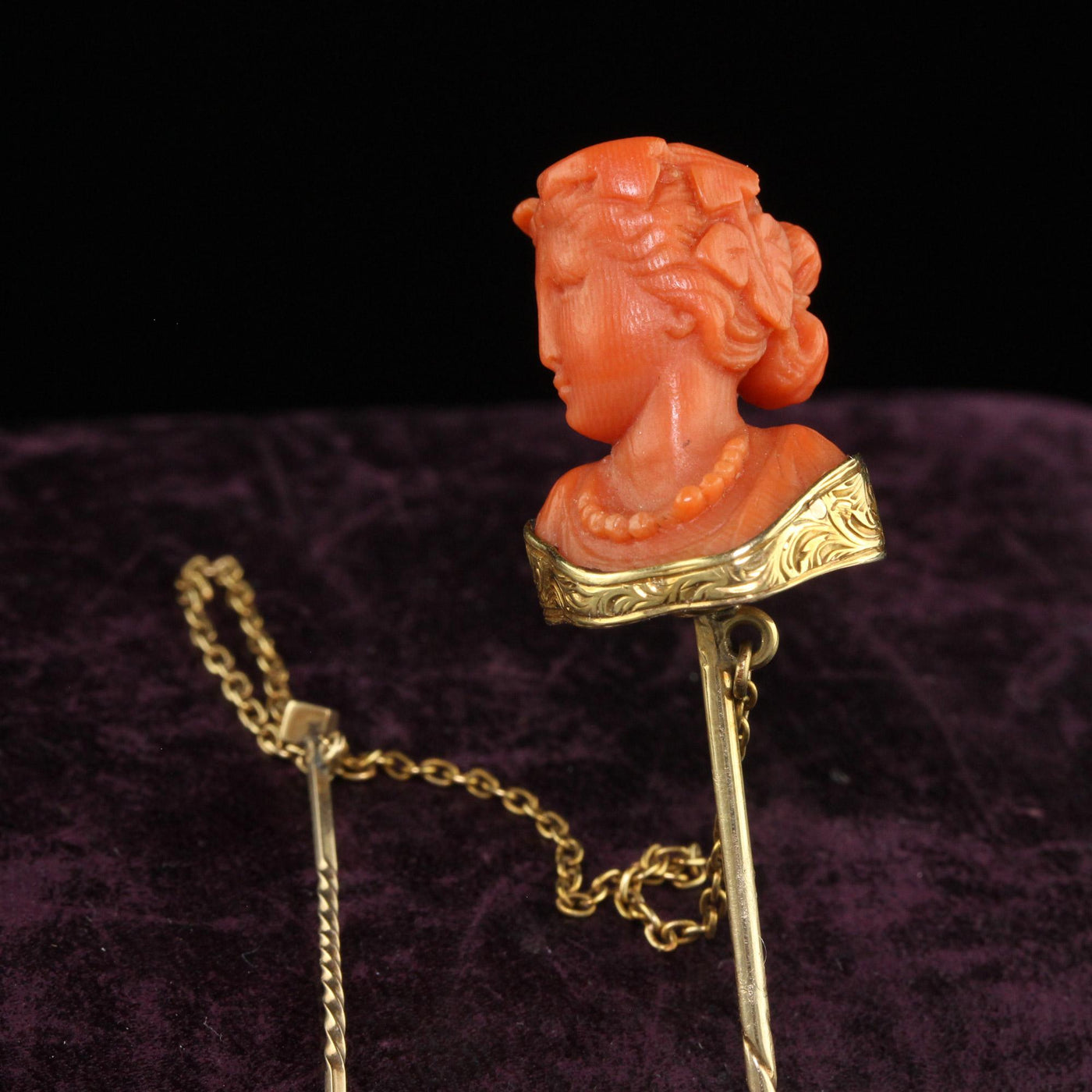 Antique Victorian 14K Yellow Gold Carved Coral Lady Stick Pin