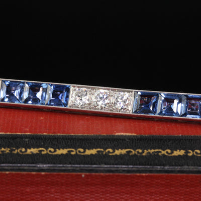 Antique Art Deco Platinum Yogo Gulch Sapphire Old Euro Diamond Bar Pin - GIA