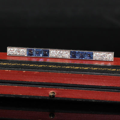 Antique Art Deco Platinum Yogo Gulch Sapphire Old Euro Diamond Bar Pin - GIA