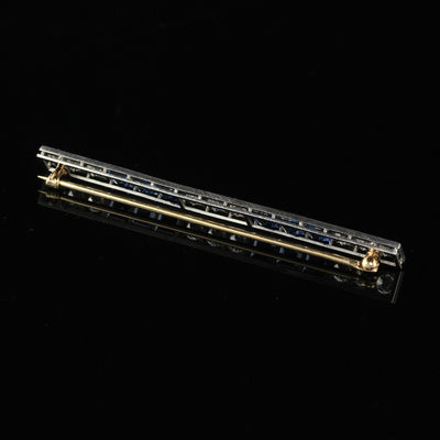 Antique Art Deco Platinum Yogo Gulch Sapphire Old Euro Diamond Bar Pin - GIA