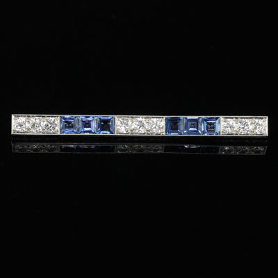 Antique Art Deco Platinum Yogo Gulch Sapphire Old Euro Diamond Bar Pin - GIA