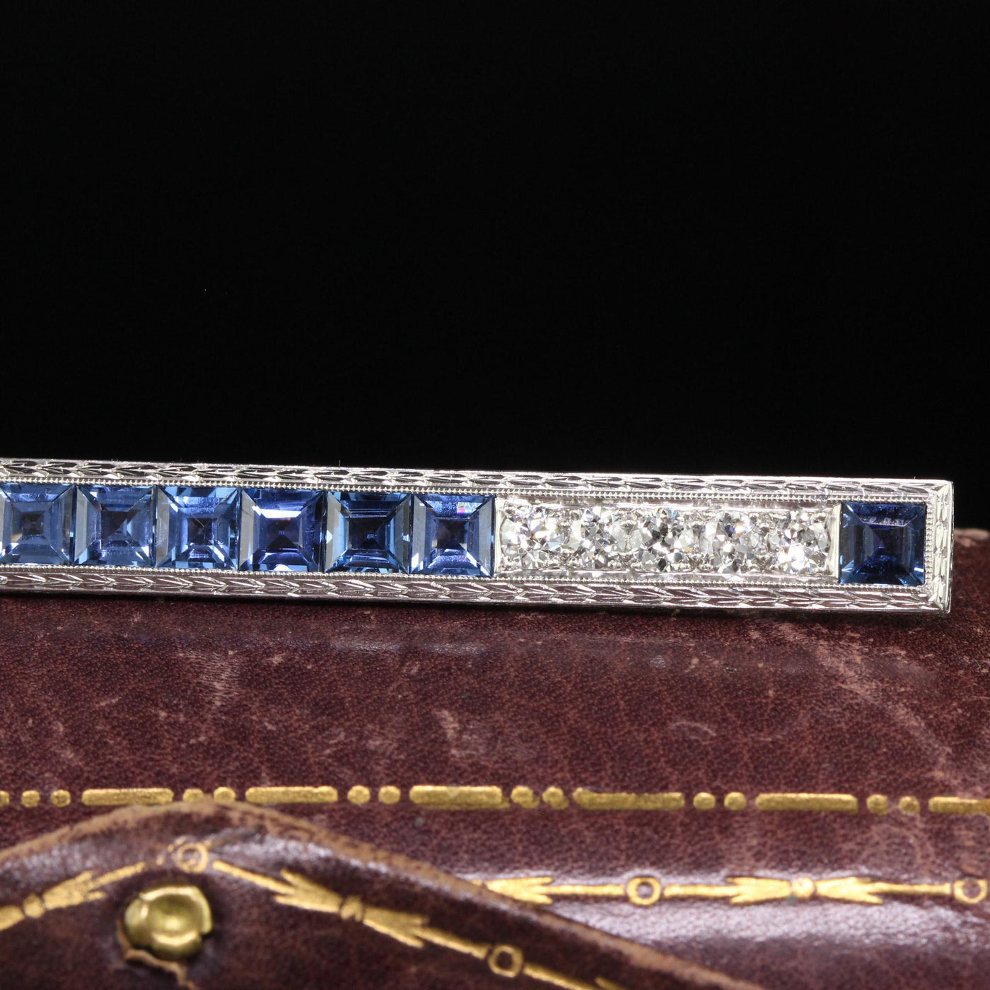 Antique Art Deco Platinum Yogo Gulch Sapphire Old Euro Diamond Bar Pin - GIA