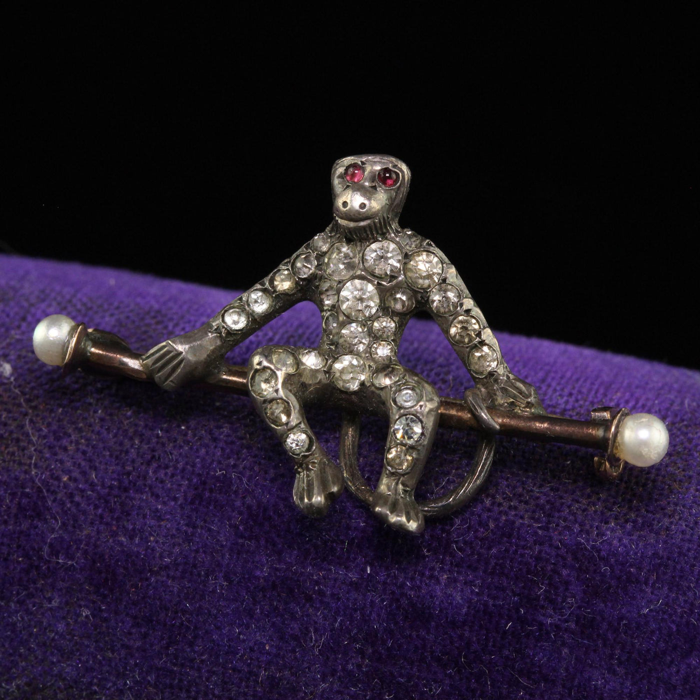 Antique Georgian Silver Old Cut Paste and Pearl Monkey Pin