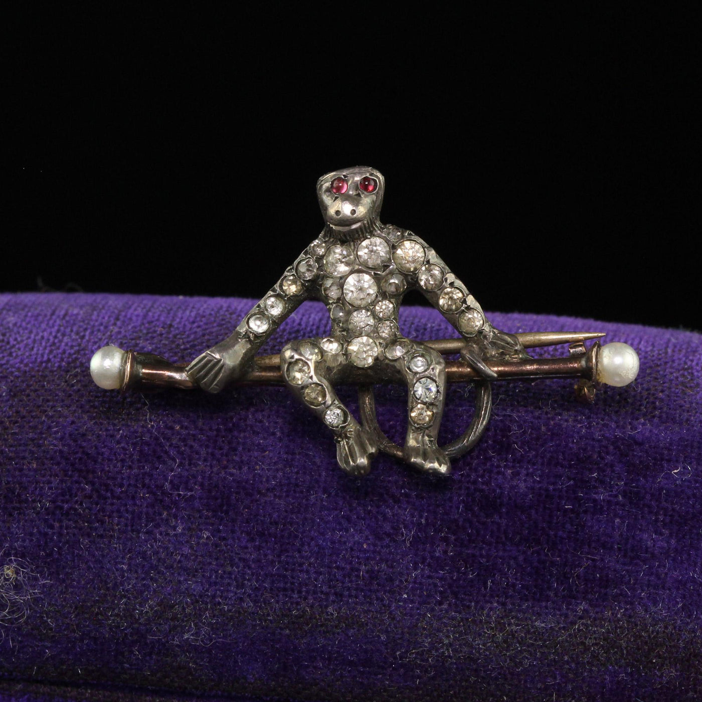 Antique Georgian Silver Old Cut Paste and Pearl Monkey Pin