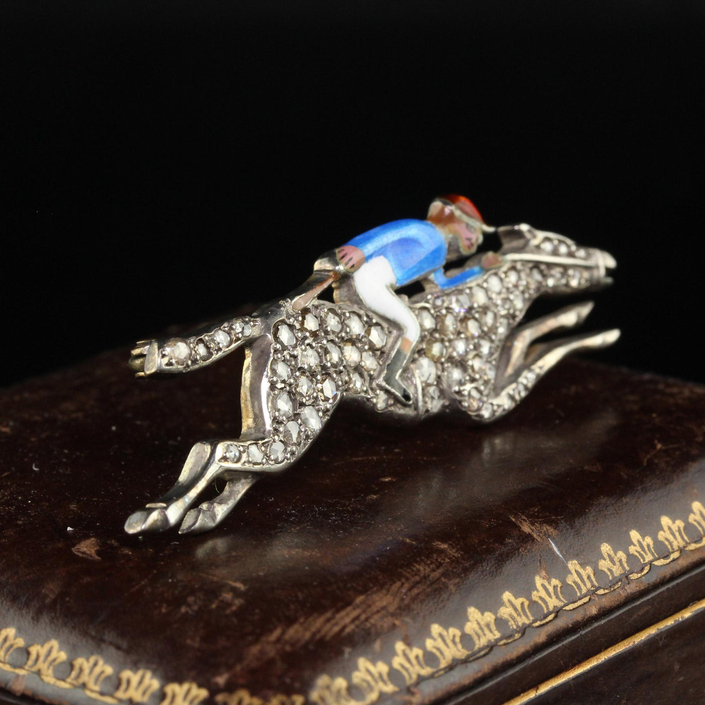 Antique Victorian 14K Gold and Silver Rose Cut Diamond Horse Jockey Enamel Pin